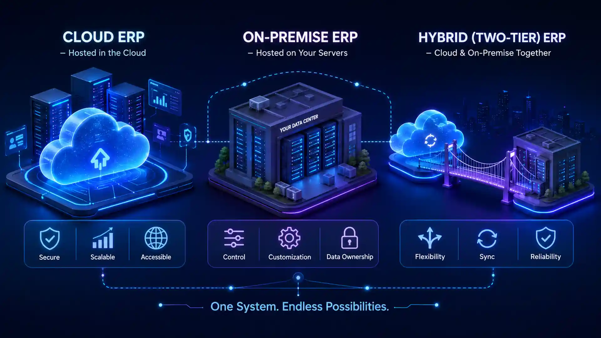 ERP deployment models showing cloud ERP, on-premise ERP, hybrid ERP, two-tier ERP, and open-source ERP.
