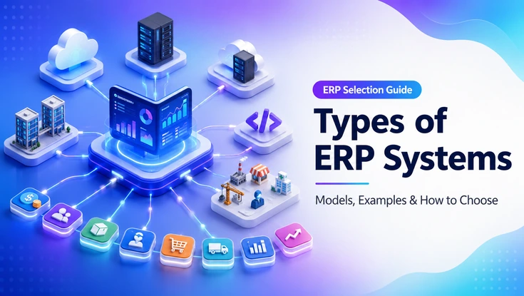 Types of ERP systems banner showing a central ERP dashboard connected to cloud, server, industry, business, and module icons with the text “Types of ERP Systems
