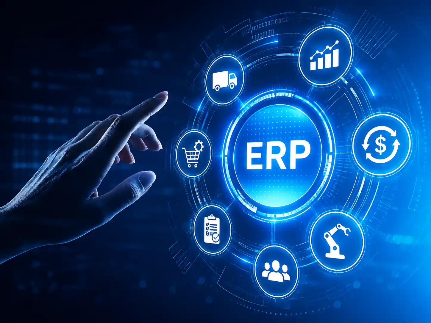 Manufacturing ERP system connecting production, inventory, logistics, finance, quality, and plant operations