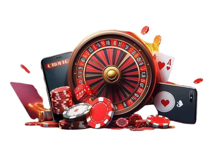 Casino game development illustration with roulette wheel, poker chips, dice, playing cards, coins, and mobile casino devices