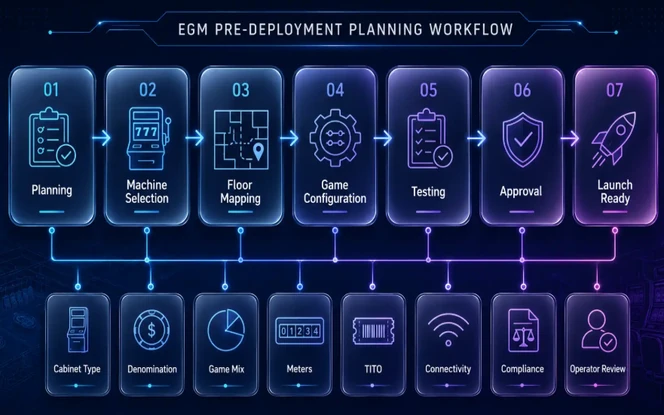 EGM pre-deployment planning workflow showing machine selection, floor mapping, game configuration, testing, approval, and launch readiness