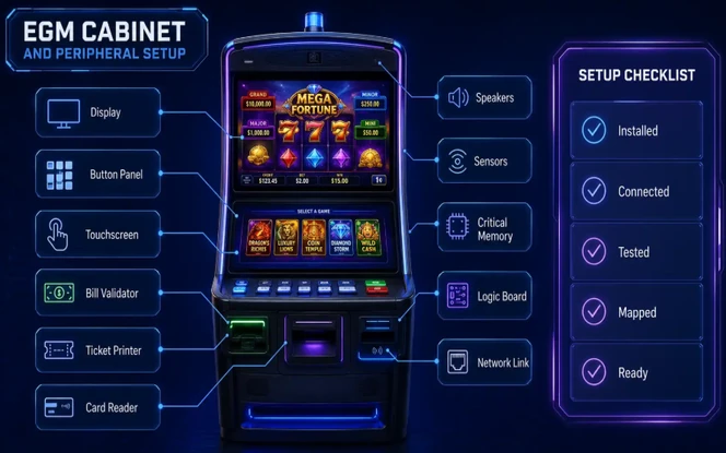 EGM cabinet and peripheral checklist showing display, touchscreen, bill validator, ticket printer, speakers, sensors, memory, and network connection