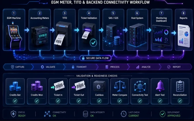 EGM meter, TITO, and backend connectivity workflow showing ticket validation, host systems, monitoring, reporting, and readiness checks