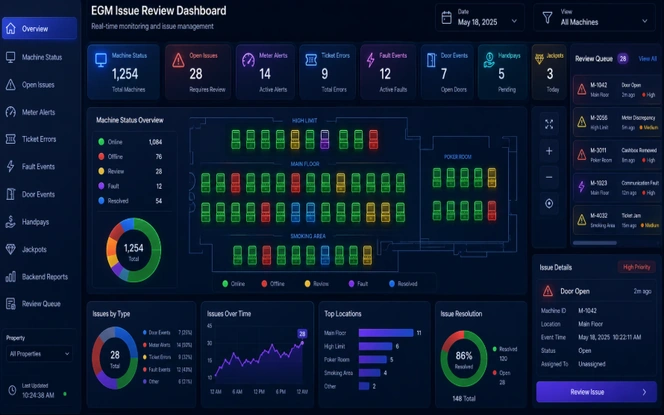 EGM Issue Review Dashboard EGM operational issues dashboard showing machine status, alerts, faults, ticket events, meters, and issue resolution data