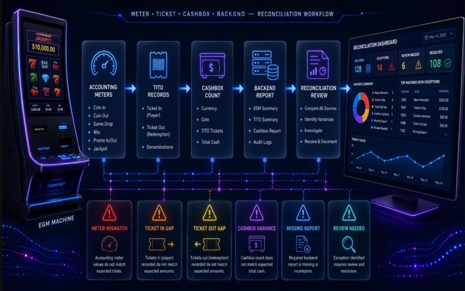 EGM Meter TITO and Cashbox Mismatch Workflow EGM reconciliation workflow showing accounting meters, TITO records, cashbox count, backend reports, variance checks, and issue review