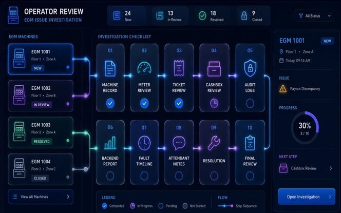EGM Operator Review Checklist Dashboard EGM reconciliation workflow showing accounting meters, TITO records, cashbox count, backend reports, variance checks, and issue review