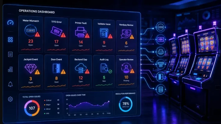 EGM operations dashboard showing meter mismatches, TITO errors, printer faults, validator issues, jackpot events, backend gaps, and open issue tracking