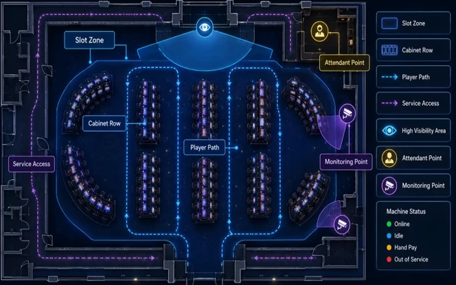 Casino slot floor layout showing cabinet rows, player paths, service access, attendant points, monitoring areas, and machine status.