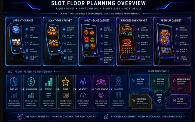 Slot Cabinet and Game Mix Overview Slot floor planning overview showing cabinet types, game mix, player segments, volatility, denominations, and casino floor zones.
