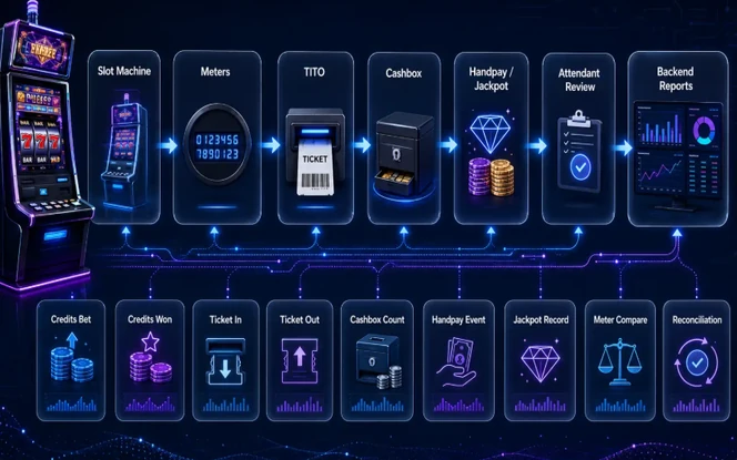 TITO Ticket Lifecycle and Reconciliation Slot machine workflow showing meters, TITO tickets, cashbox counts, handpays, jackpots, attendant reviews, backend reports, and reconciliation.