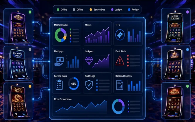 Casino Slot-Floor Monitoring Dashboard Casino slot machine monitoring dashboard showing machine status, meters, TITO activity, handpays, jackpots, fault alerts, audit logs, service tasks, and floor performance.