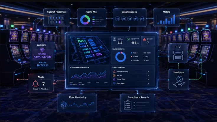 Casino slot machine monitoring dashboard showing machine status, meters, TITO, jackpots, handpays, alerts, audit logs, and floor performance.