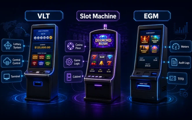 VLT vs slot machines vs EGMs comparison showing key differences in gaming systems