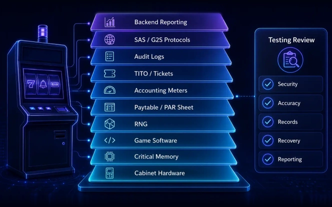EGM Compliance Testing Layers Gaming machine compliance testing layers including RNG, game software, meters, audit logs, TITO, protocols, and backend reporting