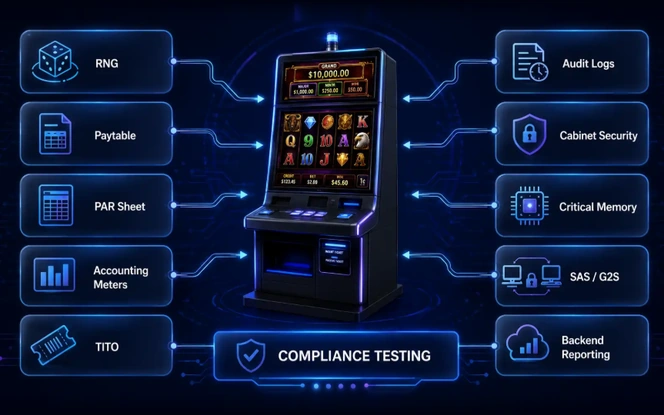EGM Compliance Testing Overview EGM compliance testing covering RNG, paytable, accounting meters, TITO, audit logs, cabinet security, SAS G2S, and backend reporting