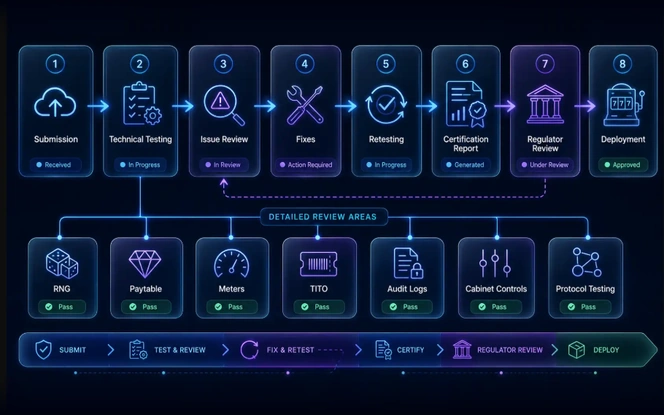 EGM Certification Workflow EGM compliance testing process from submission and technical review to certification, regulator approval, and deployment
