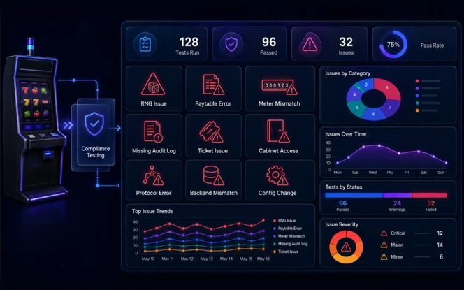 EGM Compliance Issues Dashboard EGM compliance testing dashboard showing test results, pass rate, issue categories, severity levels, and common machine errors