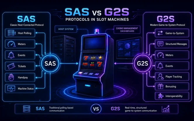 SAS vs G2S slot machine protocols comparison showing host polling, meters, tickets, player tracking, bonusing, and interoperability