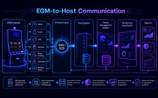 EGM-to-host communication using SAS and G2S protocols for meters, TITO, player tracking, monitoring, and casino reporting