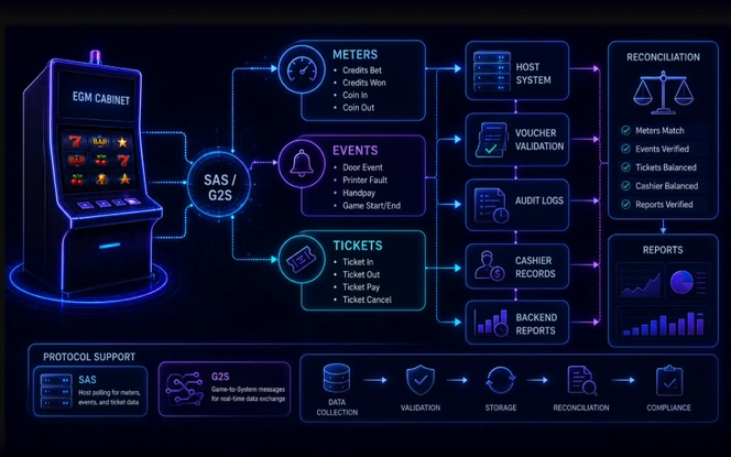 SAS and G2S data flow for meters, events, tickets, audit logs, cashier records, reconciliation, and casino reporting