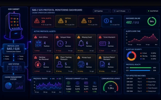 SAS and G2S protocol monitoring dashboard showing machine alerts, protocol health, ticket mismatches, meter delays, and communication status