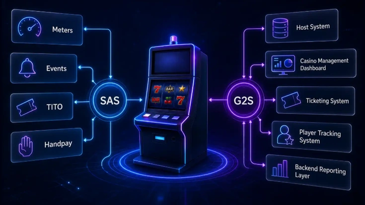 SAS vs G2S slot machine protocols showing meters, tickets, events, player tracking, bonusing, and casino system communication