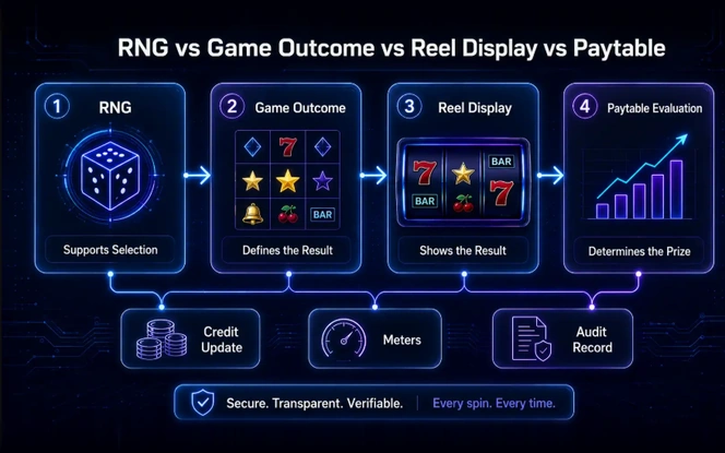EGM RNG, Reel Display, and Paytable Comparison RNG game outcome process showing result selection, reel display, paytable evaluation, credit updates, meters, and audit records