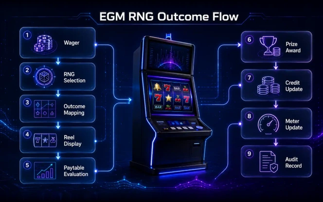 EGM RNG Outcome Flow EGM RNG outcome flow showing wager, random selection, outcome mapping, reel display, paytable evaluation, prize, credits, meters, and audit records