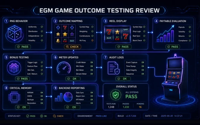 EGM Game Outcome Testing Review Areas EGM game outcome testing review covering RNG behavior, outcome mapping, reel display, paytable evaluation, meters, audit logs, and reporting