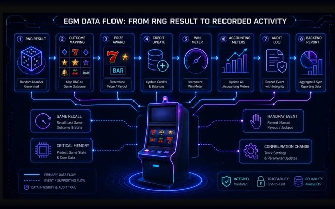 EGM RNG, Meters, and Audit Log Connection EGM data flow from RNG result and outcome mapping to prize award, credit updates, meters, audit logs, and backend reporting
