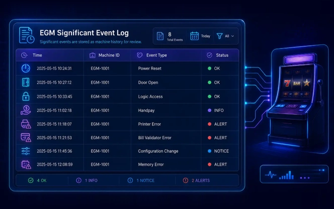 EGM Machine Significant Event Log EGM significant event log showing timestamped machine events including power reset, door open, handpay, printer error and memory error with OK, INFO, NOTICE and ALERT statuses
