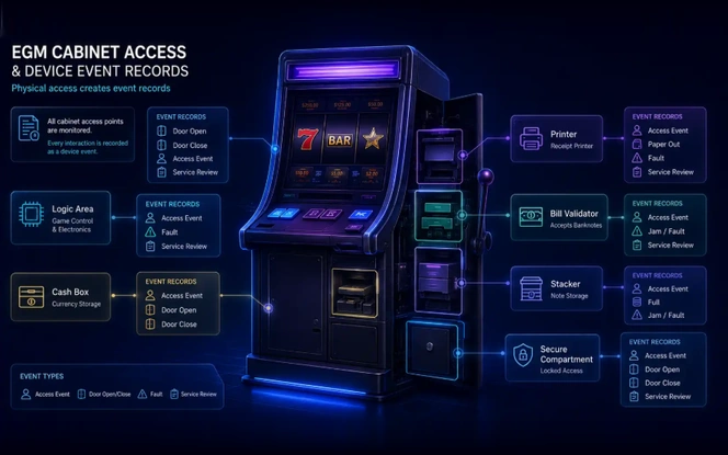 EGM Cabinet Access and Device Events EGM cabinet access diagram mapping physical access points — logic area, cash box, printer, bill validator, stacker and secure compartment — to the device event records each one generates
