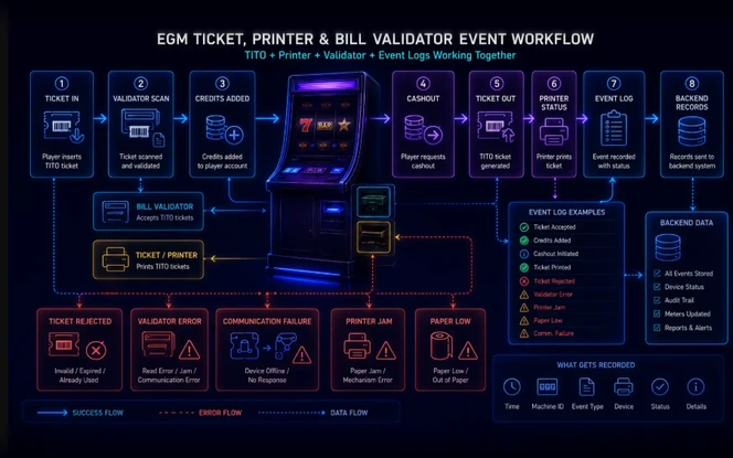 EGM Ticket Printer and Validator Event Flow EGM TITO workflow from ticket in to backend records, showing bill validator and printer events alongside error paths for ticket rejected, validator error, printer jam and paper low