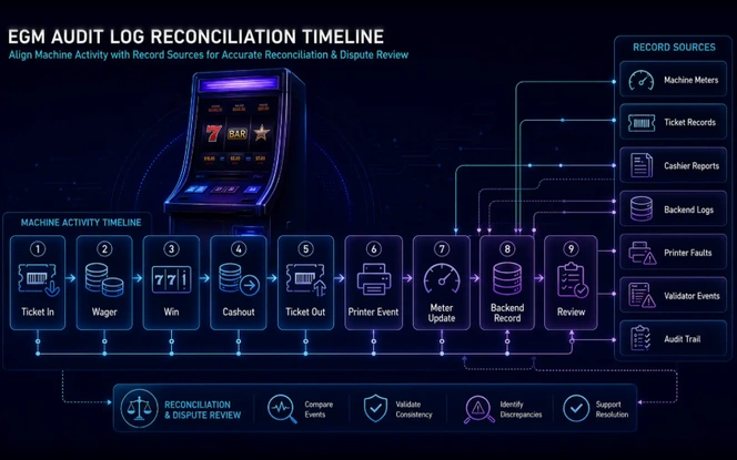 EGM Audit Log Reconciliation Timeline EGM audit log reconciliation timeline aligning machine activity from ticket in to review with record sources including machine meters, ticket records, cashier reports and backend logs for dispute resolution