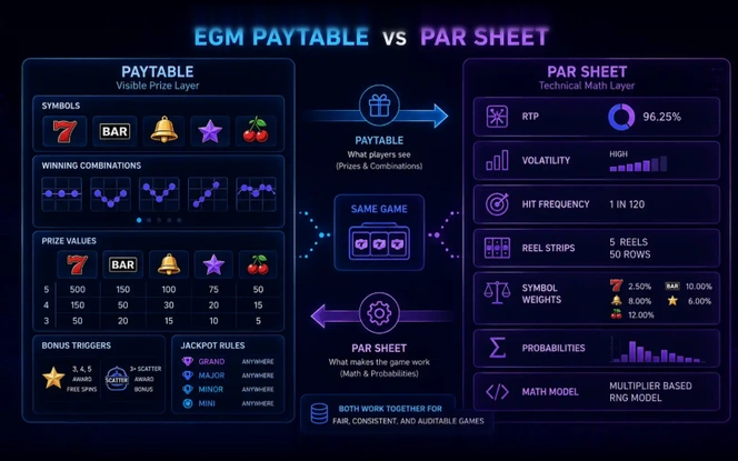 EGM Paytable vs PAR Sheet Comparison EGM paytable versus PAR sheet comparison showing the visible prize layer with symbols, winning combinations and prize values alongside the technical math layer with RTP, volatility, hit frequency, symbol weights and probabilities