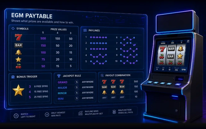 EGM Paytable Prize Values Overview EGM paytable showing symbol prize values for 5, 4 and 3 matches, ten paylines, bonus trigger free spins, jackpot rules and payout combinations, with rules for matching left to right and highest win pays