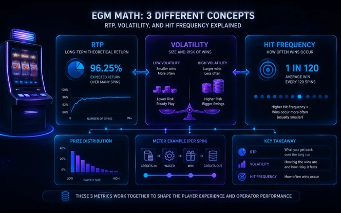 EGM RTP, Volatility, and Hit Frequency Diagram EGM math explained in three concepts: RTP as long-term theoretical return at 96.25%, volatility as the size and risk of wins, and hit frequency as how often wins occur at 1 in 120 spins