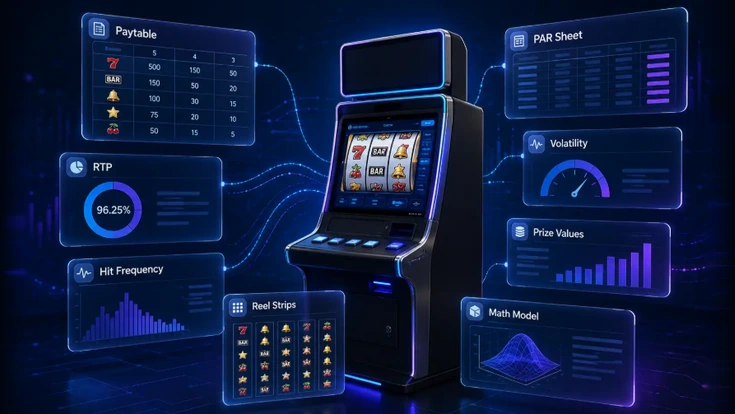 EGM paytables and PAR sheets showing slot machine RTP, prize values, and game math