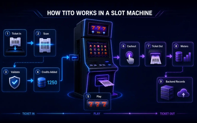 How TITO works in a slot machine: ticket in, scan, validate, credits added, play, cashout, ticket out, meters and backend records