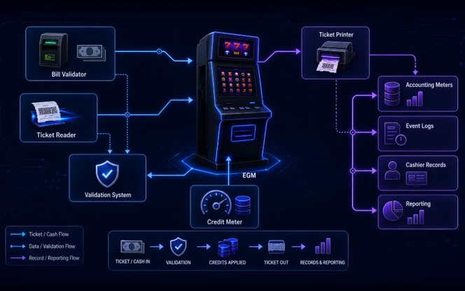 EGM cash and ticket flow showing bill validator and ticket reader feeding the machine through a validation system, with credits applied and ticket out routed to accounting meters, event logs, cashier records and reporting