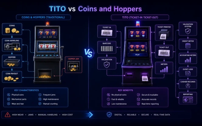 TITO compared with traditional coins and hoppers, showing the coin handling and hopper payout chain with its jams and maintenance alongside the ticket-in ticket-out flow with barcode validation, ticket printer and real-time reporting