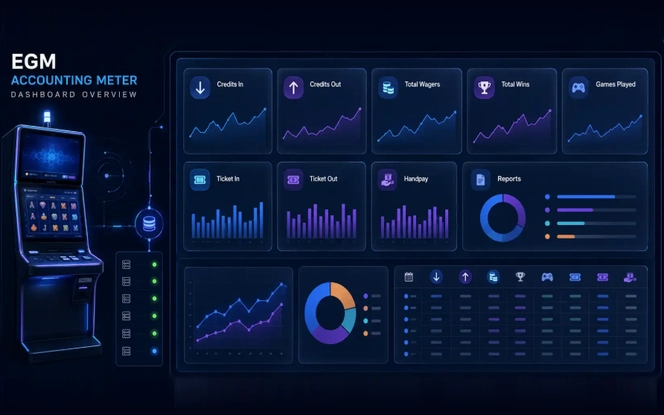 EGM accounting meter dashboard tracking credits in, credits out, total wagers, total wins, games played, ticket in, ticket out and handpay, with trend charts and reporting breakdowns