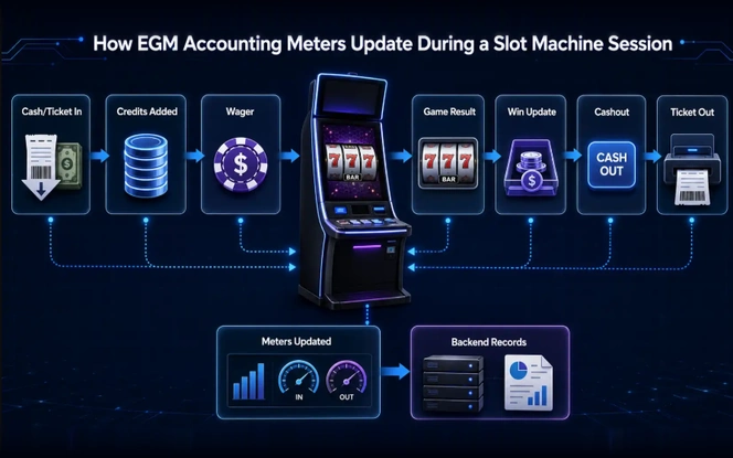 EGM Meter Update Session Flow How EGM accounting meters update during a slot machine session, from cash or ticket in and credits added through wager, game result, win update and cashout to ticket out, with meters updated and written to backend records