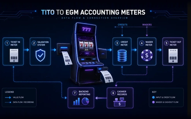 TITO and EGM Accounting Meter Connection TITO to EGM accounting meters data flow, from ticket in meter and validation system through credit meter, wager meter and ticket out meter to cashier records and backend reporting