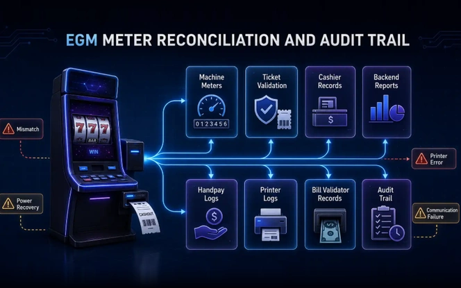 EGM Meter Reconciliation and Audit Trail EGM meter reconciliation and audit trail across machine meters, ticket validation, cashier records and backend reports, with exception flags
