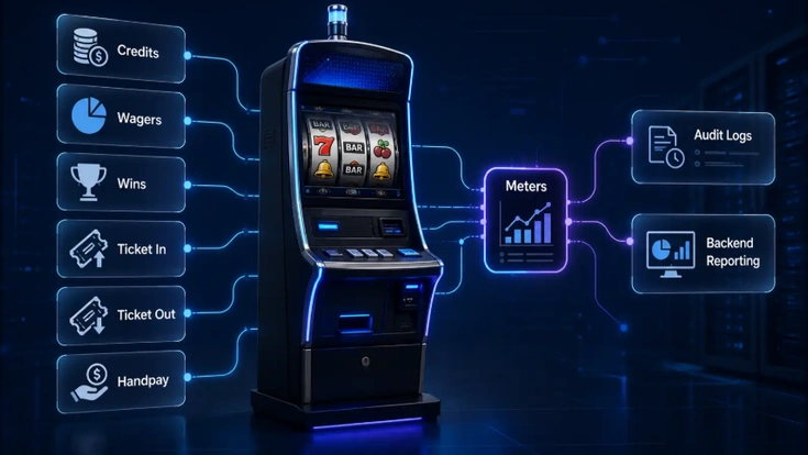 EGM meter data flowing from credits, wagers, wins and tickets into audit logs and backend reporting