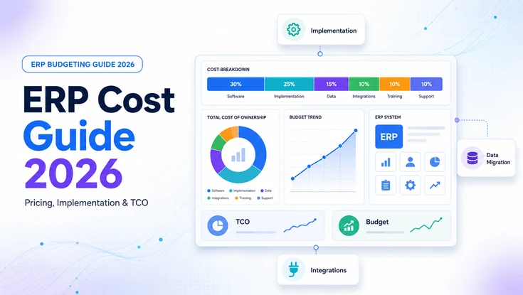 ERP Cost Guide 2026 dashboard showing software, implementation, data migration, integrations, training, support, TCO, and budget trends.