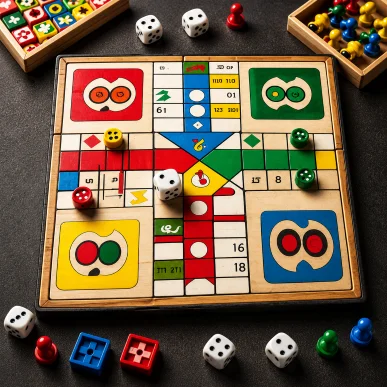 Multiplayer Ludo board game with dice and four-colour tokens in a live match