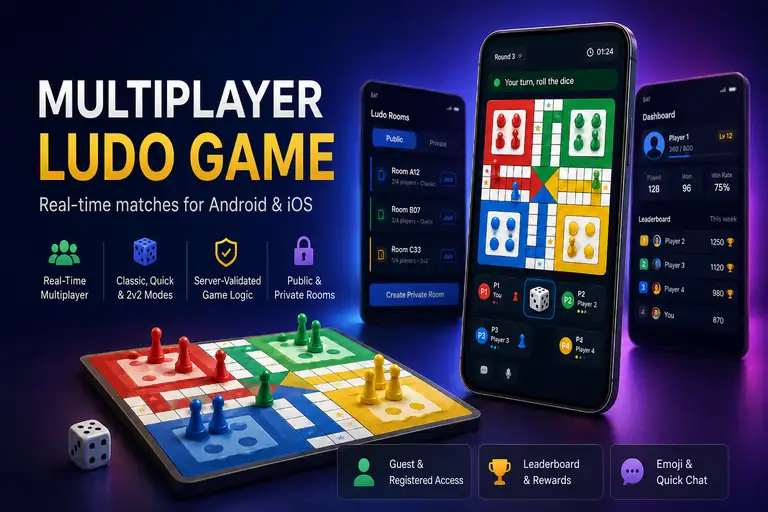 Multiplayer Ludo game app showing real-time matches, public and private rooms, leaderboards, and quick chat