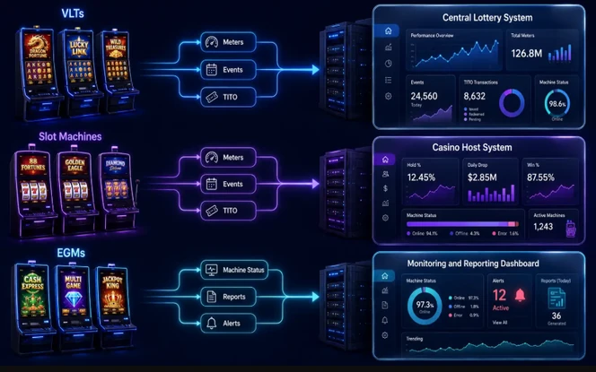 VLT Slot and EGM Central Monitoring Backend Systems VLT, slot machine, and EGM backend monitoring system showing central lottery system, casino host system, meters, events, TITO, reports, and alerts
